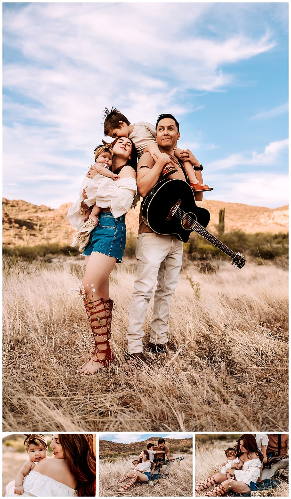Family of four stands together in Mesa desert for their family lifestyle session by MacKenzie Pudenz Photography.