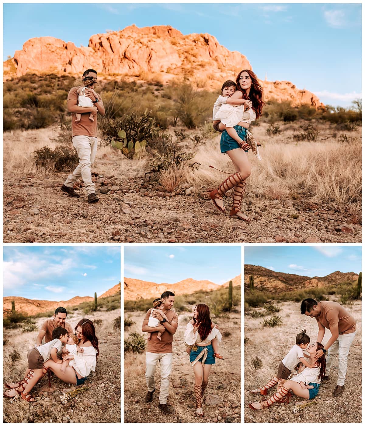 Family of four walks through desert for their family lifestyle session by MacKenzie Pudenz Photography.
