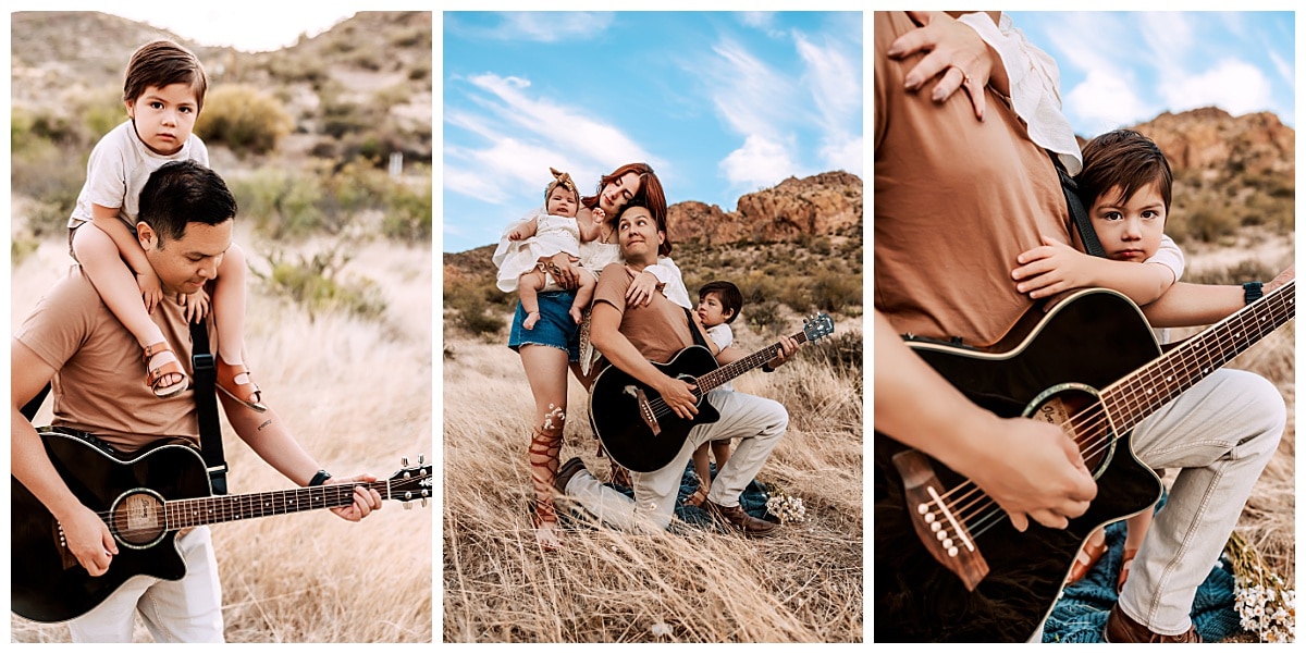 Dad plays guitar for son in the desert for their family lifestyle pictures by MacKenzie Pudenz Photography.