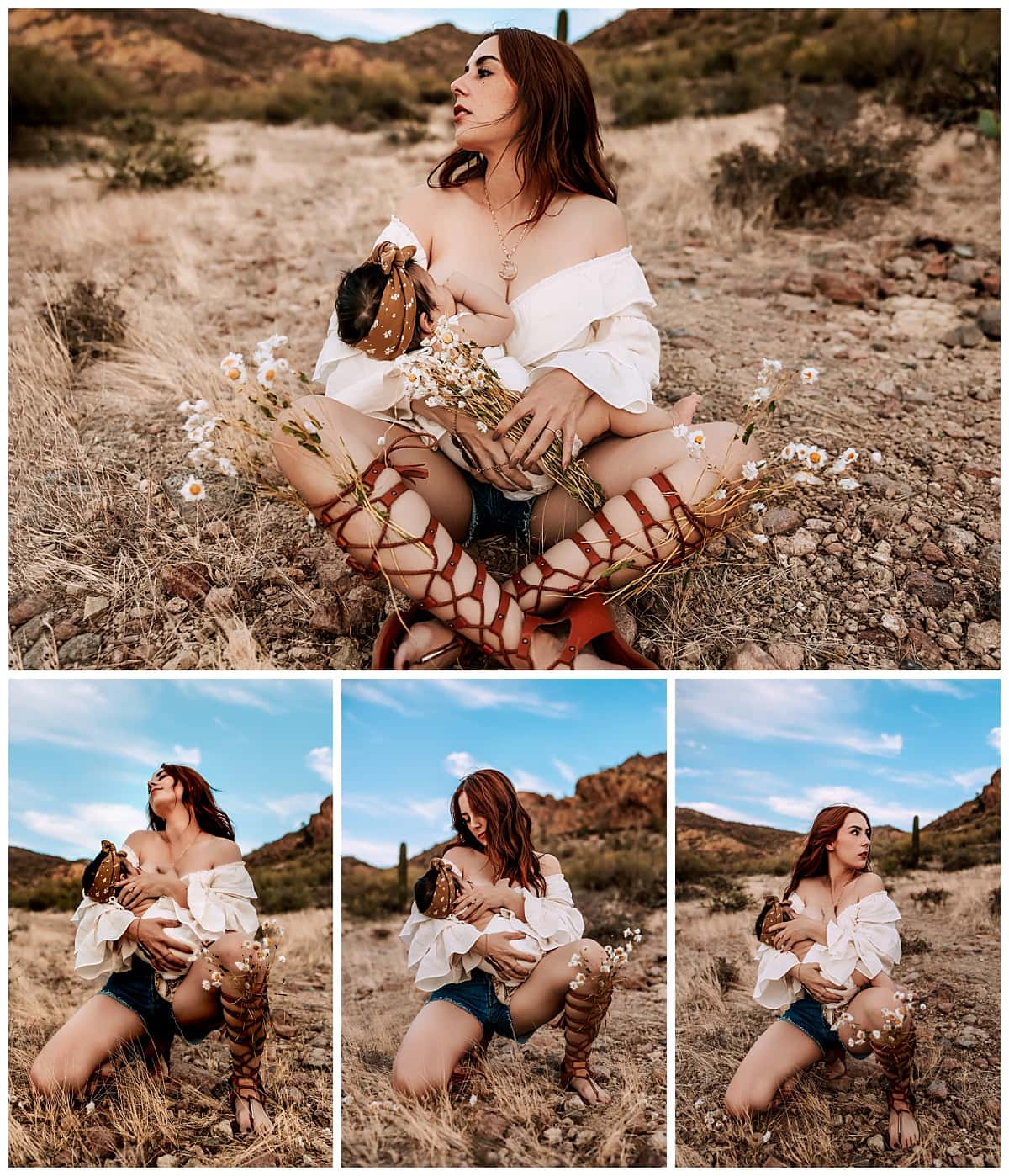 Mom nurses baby girl on desert floor for their family lifestyle photoshoot by MacKenzie Pudenz Photography.