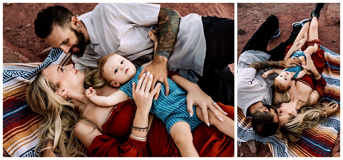 Mom, Dad and baby boy lay down on aztec styled blanket for family pictures in Mesa, Arizona by MacKenzie Pudenz Photography. 