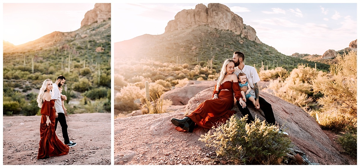 Dad holds son and kisses wife on the cheek for family session in Mesa, Arizona by MacKenzie Pudenz Photography. 