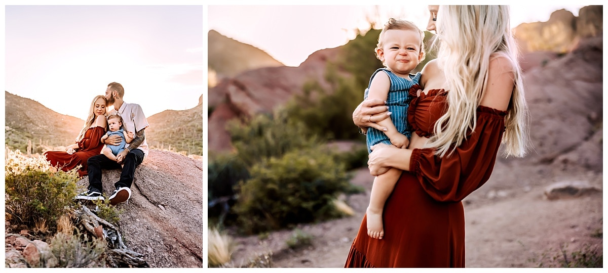 Mom holds smirking baby boy for family photography in Mesa, Arizona by MacKenzie Pudenz Photography. 