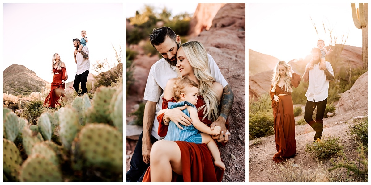 Family of three explores desert for family pictures in Mesa, Arizona by MacKenzie Pudenz Photography. 