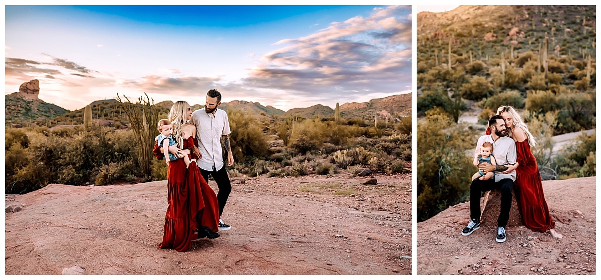 Mom embraces dad as he holds their baby boy on a rock for family photography in Mesa, Arizona by MacKenzie Pudenz Photography. 