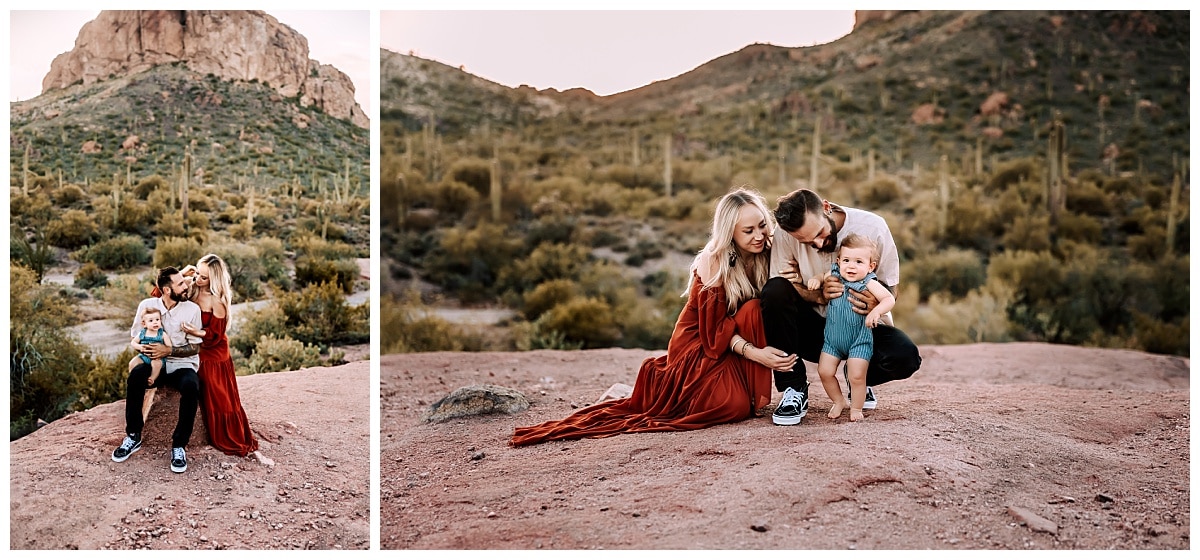 Family of three sits on a rock for family photos in Mesa, Arizona by MacKenzie Pudenz Photography. 