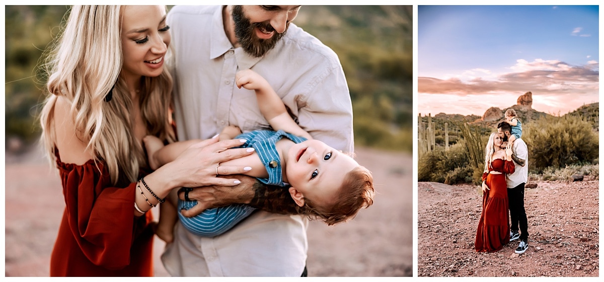 Mom and dad look down on baby boy for family pictures in Mesa, Arizona by MacKenzie Pudenz Photography. 